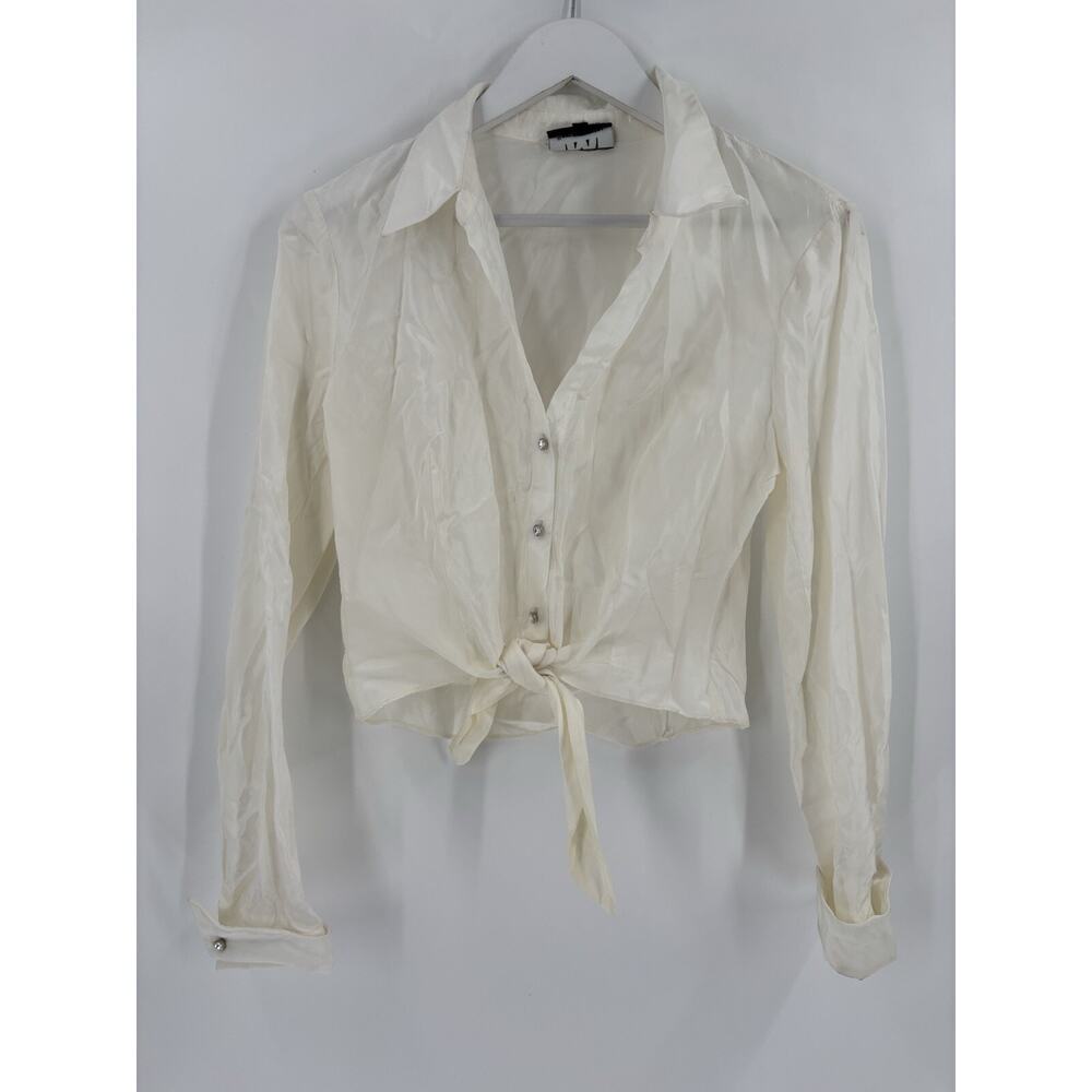 David Meister Blouse Womens 10 White Cream Sheer Long Sleeve Knot Button Collar